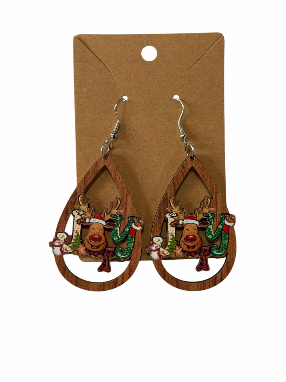 Festive Reindeer Wood Teardrop Earrings - Brown